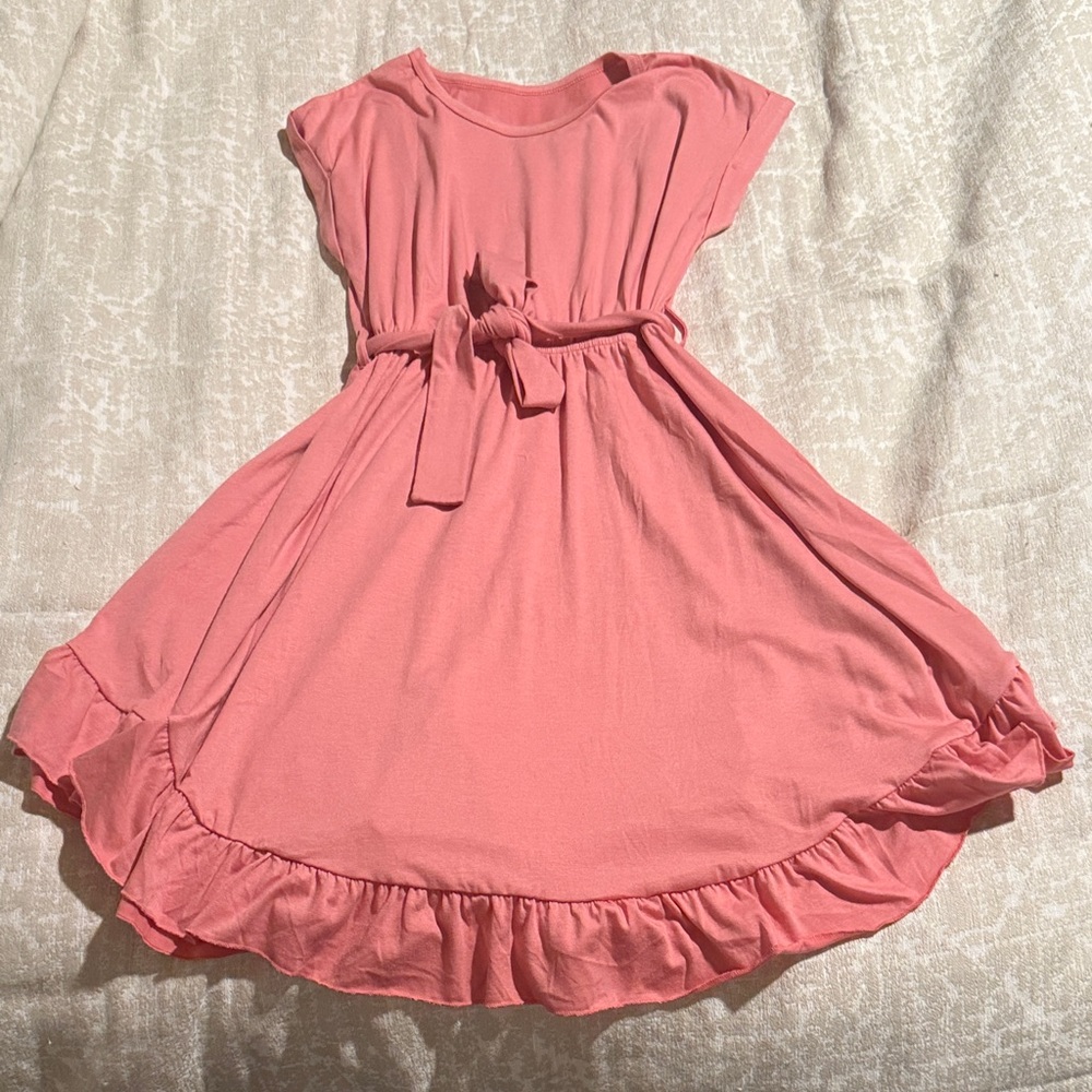 Girls' Coral Pink Ruffle Hem Belted Dress
